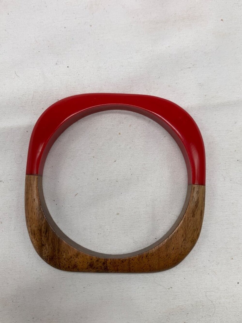 1940s Bakelite Red & Wood Grain Square Bangle Bracelet 3-inch Diameter